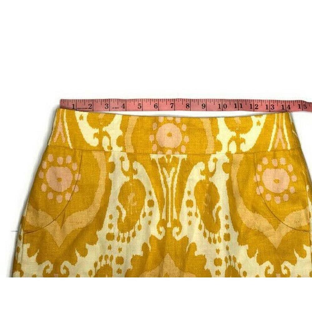 J Crew Patterned Pencil Skirt Yellow 100% Linen Pockets Kick Pleat Knee Length 2 - Picture 5 of 8